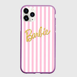 Чехол iPhone 11 Pro матовый Barbie - золотая надпись и бело-розовые полосы, цвет: 3D-фиолетовый