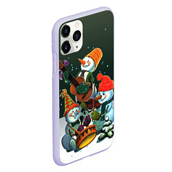 Чехол iPhone 11 Pro матовый Новогодний квартет со снеговиками, цвет: 3D-светло-сиреневый — фото 2