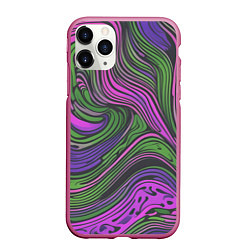 Чехол iPhone 11 Pro матовый Волнистый узор фиолетовый и зелёный, цвет: 3D-малиновый