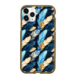 Чехол iPhone 11 Pro матовый Перья птиц на темном фоне паттерн, цвет: 3D-коричневый