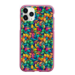 Чехол iPhone 11 Pro матовый Разноцветные листья рисунок паттерн, цвет: 3D-малиновый