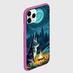 Чехол iPhone 11 Pro матовый Волк у костра в стиле фолк-арт, цвет: 3D-фиолетовый — фото 2