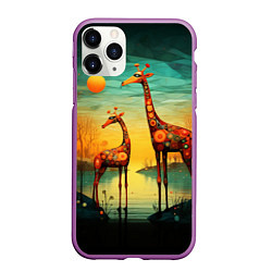 Чехол iPhone 11 Pro матовый Жирафы в стиле фолк-арт, цвет: 3D-фиолетовый