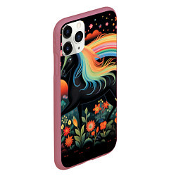 Чехол iPhone 11 Pro матовый Лошадка с радужной гривой в стиле фолк-арт, цвет: 3D-малиновый — фото 2