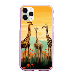 Чехол iPhone 11 Pro матовый Три жирафа в стиле фолк-арт