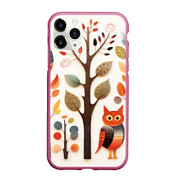 Чехол iPhone 11 Pro матовый Совы в осеннем лесу в стиле фолк-арт, цвет: 3D-малиновый