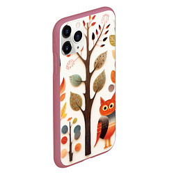 Чехол iPhone 11 Pro матовый Совы в осеннем лесу в стиле фолк-арт, цвет: 3D-малиновый — фото 2