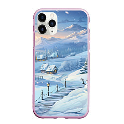 Чехол iPhone 11 Pro матовый Новогодний дворик со снеговиком, цвет: 3D-розовый