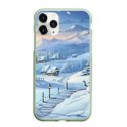 Чехол iPhone 11 Pro матовый Новогодний дворик со снеговиком, цвет: 3D-салатовый