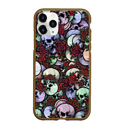 Чехол iPhone 11 Pro матовый Череп с розами паттерн, цвет: 3D-коричневый