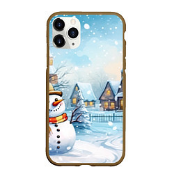 Чехол iPhone 11 Pro матовый Новогодний городок и снеговики, цвет: 3D-коричневый
