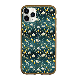 Чехол iPhone 11 Pro матовый Цветочки на зеленом поле паттерн, цвет: 3D-коричневый