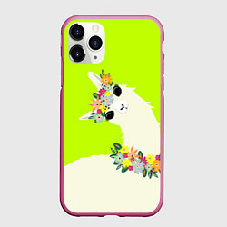 Чехол iPhone 11 Pro матовый Летняя лама - альпака в венке, цвет: 3D-малиновый