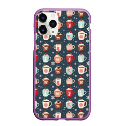 Чехол iPhone 11 Pro матовый Кружки какао - зимний новогодний паттерн, цвет: 3D-фиолетовый