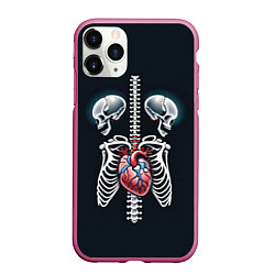 Чехол iPhone 11 Pro матовый Два сросшихся скелета и сердце, цвет: 3D-малиновый