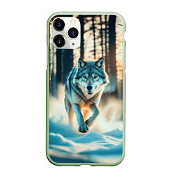 Чехол iPhone 11 Pro матовый Волк в темном лесу, цвет: 3D-салатовый