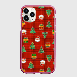 Чехол iPhone 11 Pro матовый Елочки и Санта - паттерн красная клетка, цвет: 3D-малиновый
