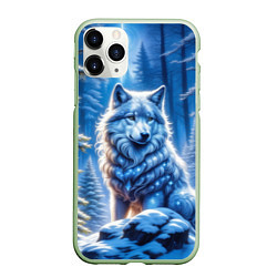 Чехол iPhone 11 Pro матовый Волк в зимнем ночном лесу, цвет: 3D-салатовый