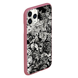 Чехол iPhone 11 Pro матовый Чёрно белый цветочны узор, цвет: 3D-малиновый — фото 2