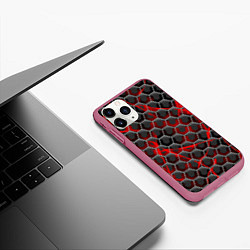 Чехол iPhone 11 Pro матовый Красные узоры шестиугольник, цвет: 3D-малиновый — фото 2