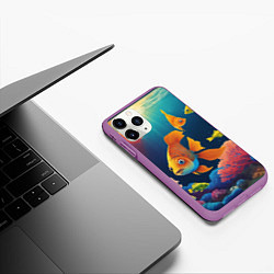 Чехол iPhone 11 Pro матовый Оранжевые рыбки и кораллы под водой, цвет: 3D-фиолетовый — фото 2