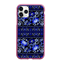 Чехол iPhone 11 Pro матовый Новогодняя гжельская роспись цветами на чёрном фон, цвет: 3D-малиновый