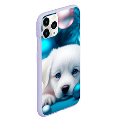 Чехол iPhone 11 Pro матовый Белый щенок с розовыми и голубыми шариками, цвет: 3D-светло-сиреневый — фото 2