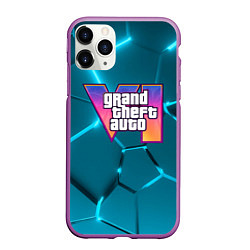 Чехол iPhone 11 Pro матовый GTA 6 лого на фоне разлома голубых плит, цвет: 3D-фиолетовый