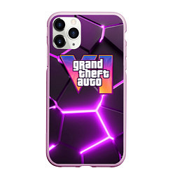 Чехол iPhone 11 Pro матовый GTA 6 лого на фоне разлома фиолетовых плит, цвет: 3D-розовый