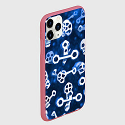 Чехол iPhone 11 Pro матовый Белые черепки и кости на синем, цвет: 3D-малиновый — фото 2