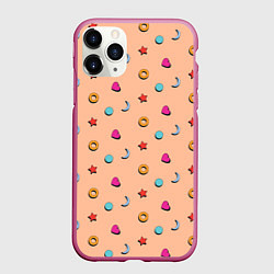 Чехол iPhone 11 Pro матовый Узор с сердцем, звездой и кругом, цвет: 3D-малиновый