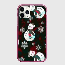 Чехол iPhone 11 Pro матовый Снеговики узоры, цвет: 3D-малиновый