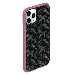 Чехол iPhone 11 Pro матовый Черные драконы паттерн, цвет: 3D-малиновый — фото 2