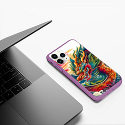 Чехол iPhone 11 Pro матовый Гравюра японского дракона, цвет: 3D-фиолетовый — фото 2