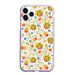 Чехол iPhone 11 Pro матовый Хохломская роспись разноцветные цветы на белом фон, цвет: 3D-светло-сиреневый