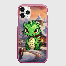 Чехол iPhone 11 Pro матовый Дракон и новогодний город, цвет: 3D-малиновый