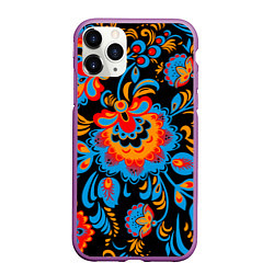 Чехол iPhone 11 Pro матовый Хохломская роспись разноцветные цветы на чёроном ф, цвет: 3D-фиолетовый