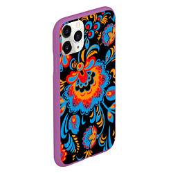 Чехол iPhone 11 Pro матовый Хохломская роспись разноцветные цветы на чёроном ф, цвет: 3D-фиолетовый — фото 2