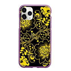 Чехол iPhone 11 Pro матовый Хохломская роспись золотые цветы на чёроном фоне, цвет: 3D-фиолетовый