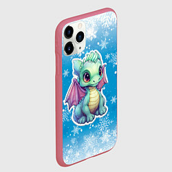 Чехол iPhone 11 Pro матовый Маленький синий дракон на фоне снежинок, цвет: 3D-малиновый — фото 2