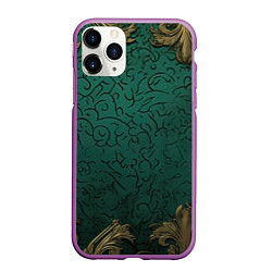 Чехол iPhone 11 Pro матовый Узоры золотые на зеленом фоне, цвет: 3D-фиолетовый