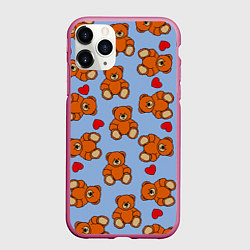 Чехол iPhone 11 Pro матовый Игрушки мишки и сердца, цвет: 3D-малиновый