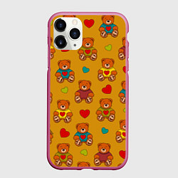 Чехол iPhone 11 Pro матовый Игрушечные мишки и разноцветные сердца, цвет: 3D-малиновый