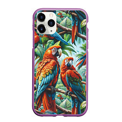 Чехол iPhone 11 Pro матовый Попугаи Ара - тропики джунгли, цвет: 3D-фиолетовый