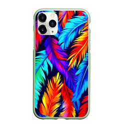 Чехол iPhone 11 Pro матовый Яркие перья птицы колибри, цвет: 3D-салатовый