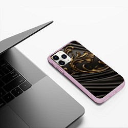 Чехол iPhone 11 Pro матовый Объемные золотые узоры на черной ткани лепнина, цвет: 3D-розовый — фото 2