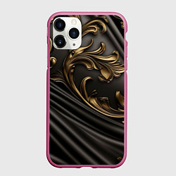 Чехол iPhone 11 Pro матовый Объемные золотые узоры на черной ткани лепнина, цвет: 3D-малиновый