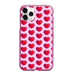 Чехол iPhone 11 Pro матовый Красные сердца на розовом фоне, цвет: 3D-малиновый