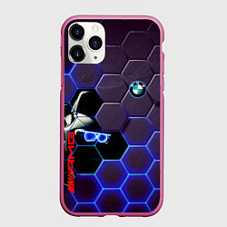 Чехол iPhone 11 Pro матовый BMW неоновые соты, цвет: 3D-малиновый