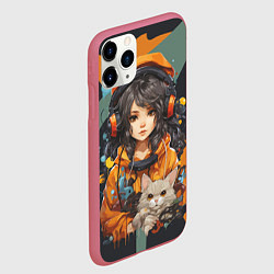 Чехол iPhone 11 Pro матовый Красивая девочка-аниме с котенком, цвет: 3D-малиновый — фото 2